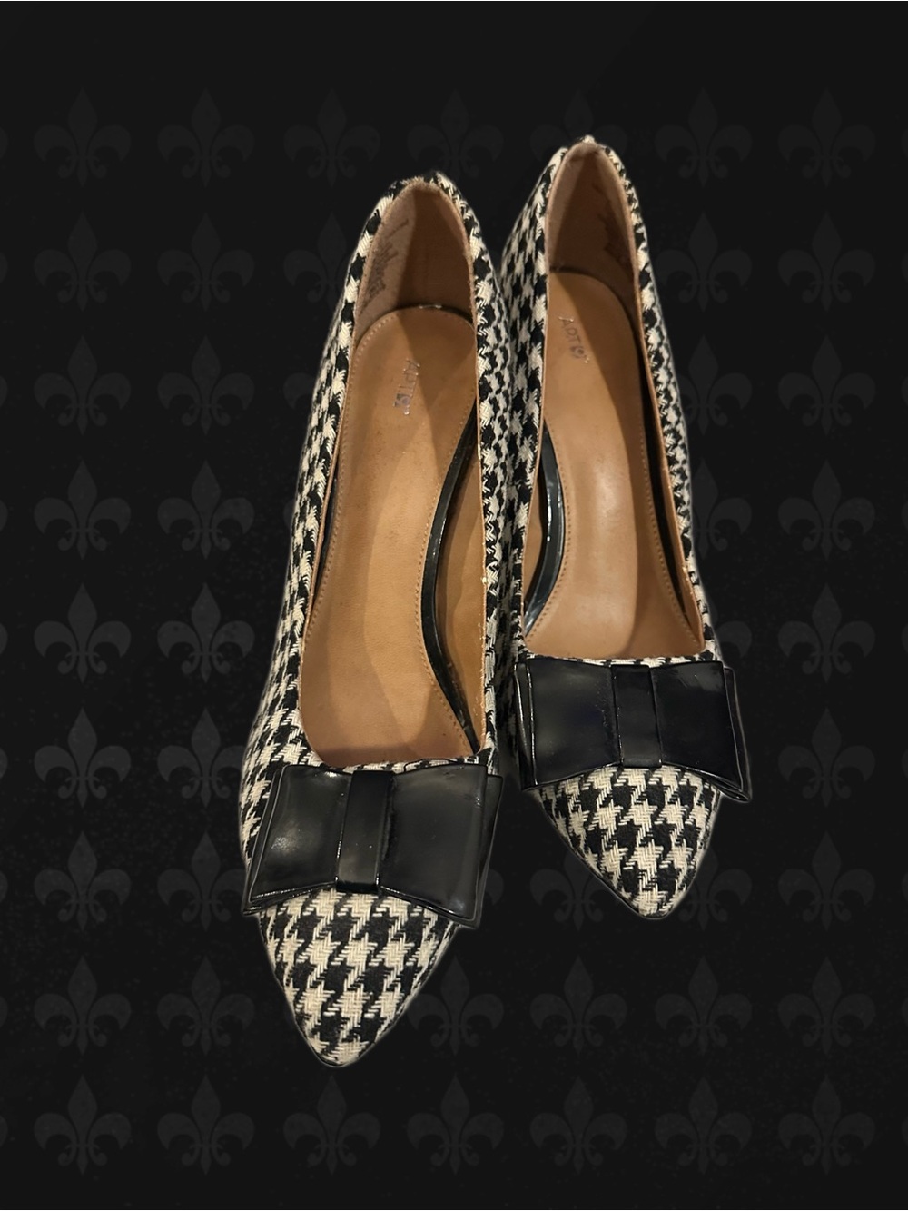 Apt.9 Black & White Houndstooth Fabric Pointed Toe Heels w Bow - Fall / Holiday